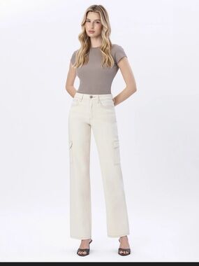 d. jeans Ecru Wide-Leg Cargo Jeans